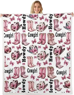 Western Cowgirl Throw Blanket,Cowgirl Cap Boots Rustic Cowhide Print Flannel Blanket for Room Decor,Princess Bowknot Cute Bow-tie Pink White Fleece Blanket,All Seasons,Queen 90"x90"