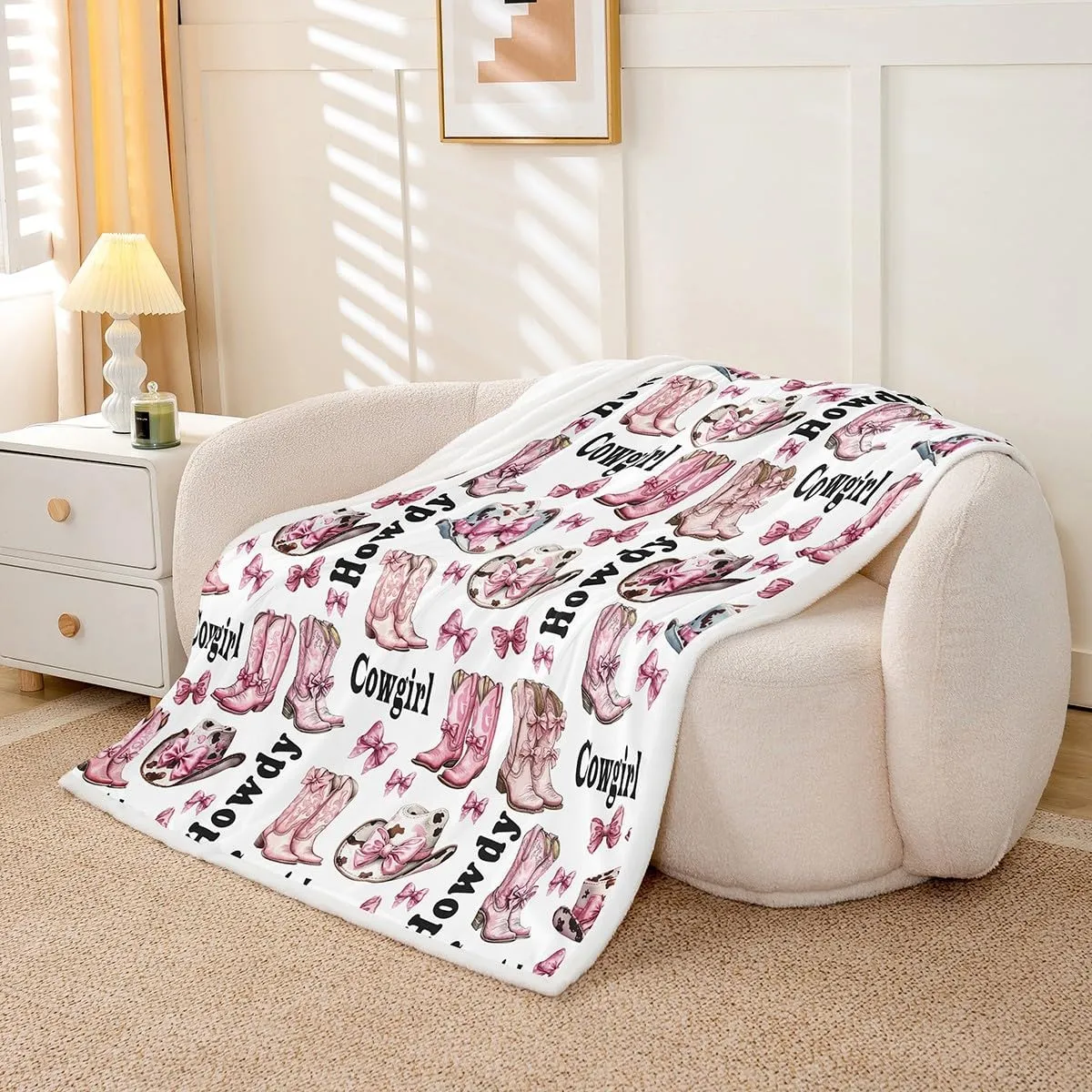 Western Cowgirl Throw Blanket,Cowgirl Cap Boots Rustic Cowhide Print Flannel Blanket for Room Decor,Princess Bowknot Cute Bow-tie Pink White Fleece Blanket,All Seasons,Queen 90"x90"