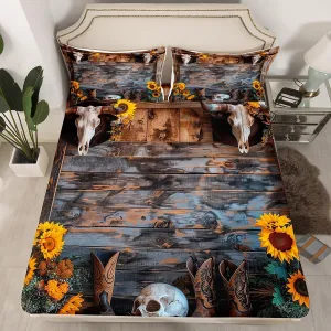 Western Fitted Sheet Queen Size, Cowboy Boots Bull Skull Bedding Set 3pcs, Yellow Sunflower Vintage Wooden Barn Door Bed Cover with 2 Pillowcases, Kids Boys Girls Room Decor, No Top Sheet