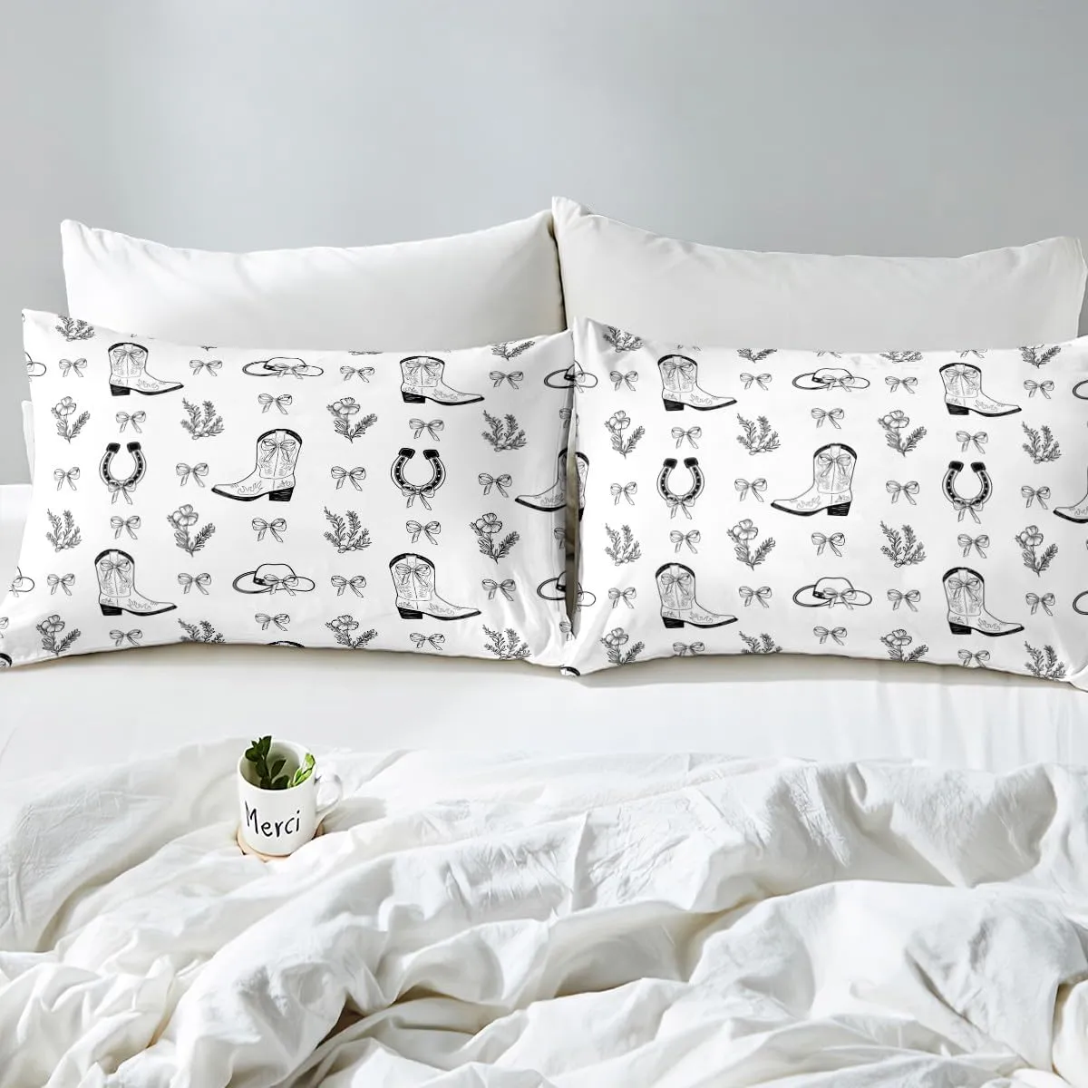 Western Fitted Sheet Queen Size, Cute Bows Cowboy Boots Hats Bedding Set 3pcs, Cartoon Black Bowknot Horseshoes Bed Cover with 2 Pillowcases, Kids Girls Women Room Decor, Soft Bedding(No Flat)