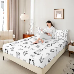 Western Fitted Sheet Queen Size, Cute Bows Cowboy Boots Hats Bedding Set 3pcs, Cartoon Black Bowknot Horseshoes Bed Cover with 2 Pillowcases, Kids Girls Women Room Decor, Soft Bedding(No Flat)