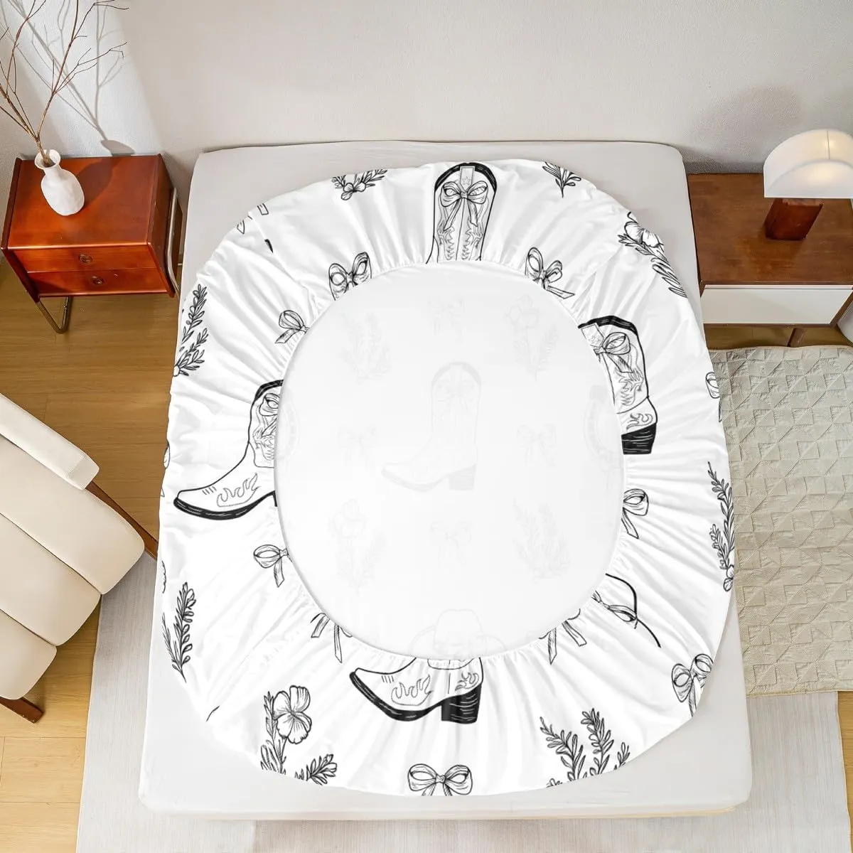 Western Fitted Sheet Queen Size, Cute Bows Cowboy Boots Hats Bedding Set 3pcs, Cartoon Black Bowknot Horseshoes Bed Cover with 2 Pillowcases, Kids Girls Women Room Decor, Soft Bedding(No Flat)