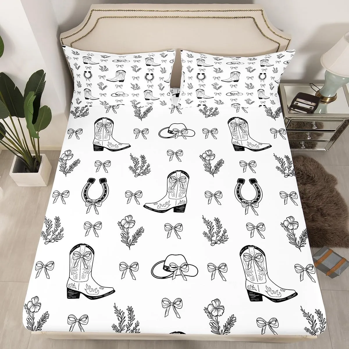 Western Fitted Sheet Queen Size, Cute Bows Cowboy Boots Hats Bedding Set 3pcs, Cartoon Black Bowknot Horseshoes Bed Cover with 2 Pillowcases, Kids Girls Women Room Decor, Soft Bedding(No Flat)