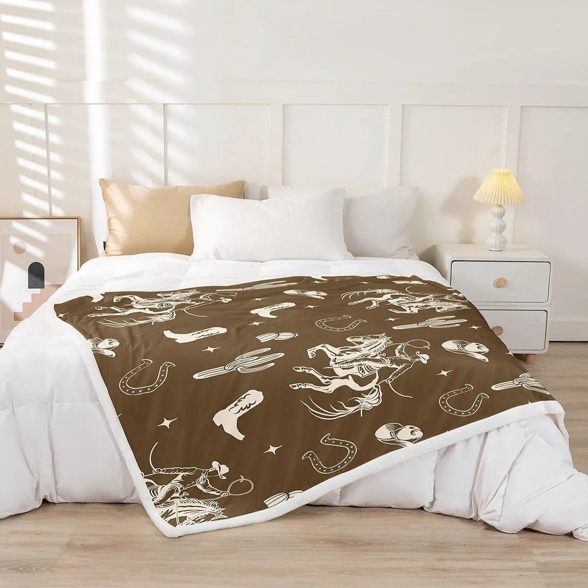 Western Throw Blanket,Rustic Country Cowboy Horse Riding Graffiti Fleece Blanket for Bedroom Tribal Boots Horseshoe Cactus Retro Brown Soft Blanket for All Seasons,Baby (30 x 40 Inches)