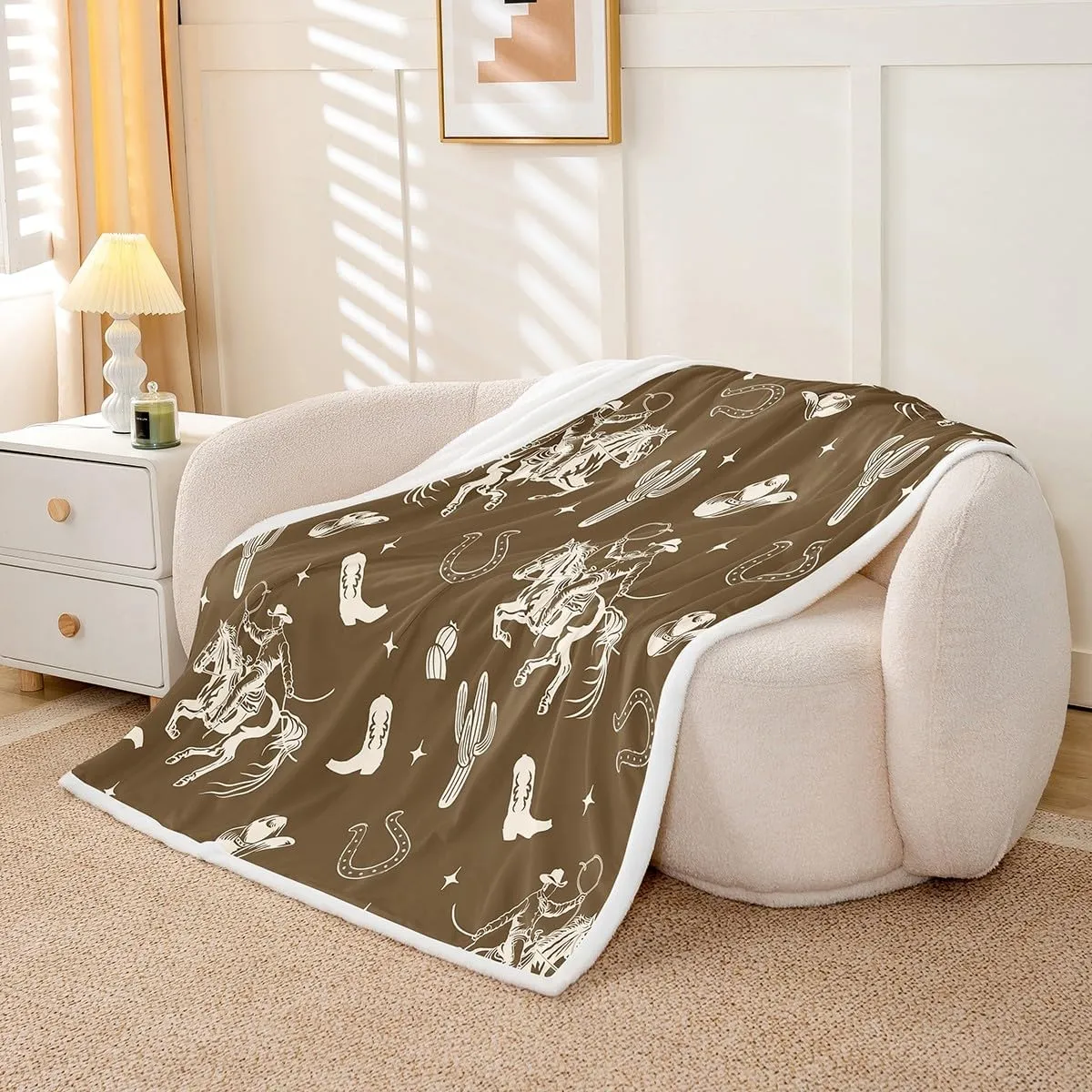 Western Throw Blanket,Rustic Country Cowboy Horse Riding Graffiti Fleece Blanket for Bedroom Tribal Boots Horseshoe Cactus Retro Brown Soft Blanket for All Seasons,Baby (30 x 40 Inches)