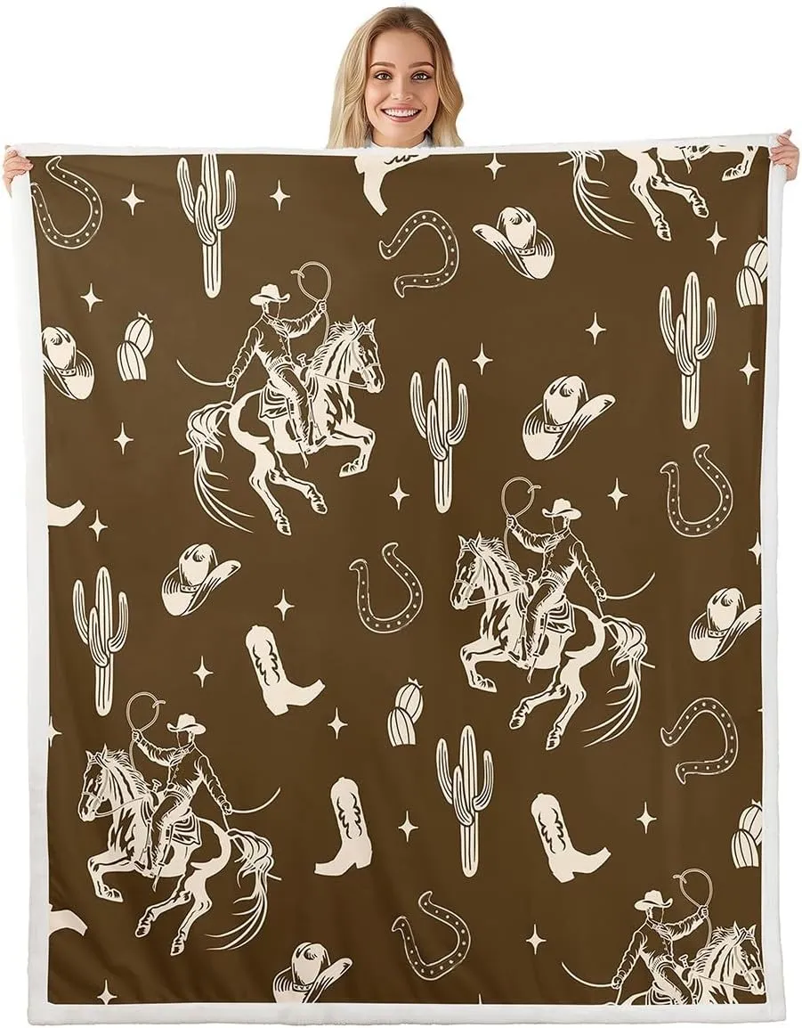 Western Throw Blanket,Rustic Country Cowboy Horse Riding Graffiti Fleece Blanket for Bedroom Tribal Boots Horseshoe Cactus Retro Brown Soft Blanket for All Seasons,Baby (30 x 40 Inches)