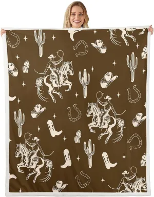 Western Throw Blanket,Rustic Country Cowboy Horse Riding Graffiti Fleece Blanket for Bedroom Tribal Boots Horseshoe Cactus Retro Brown Soft Blanket for All Seasons,Baby (30 x 40 Inches)