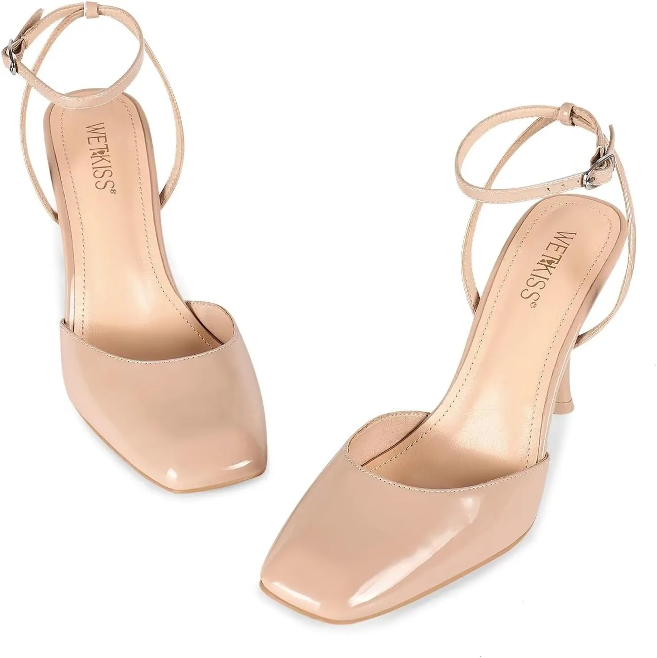 wetkiss Heels for Women Square Toe Pumps, Ankle Strap Stiletto High Heels Patent Leather Pumps for Dress Wedding Party Club