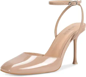 wetkiss Heels for Women Square Toe Pumps, Ankle Strap Stiletto High Heels Patent Leather Pumps for Dress Wedding Party Club