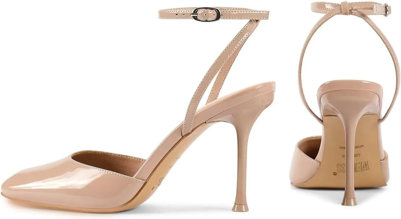wetkiss Heels for Women Square Toe Pumps, Ankle Strap Stiletto High Heels Patent Leather Pumps for Dress Wedding Party Club