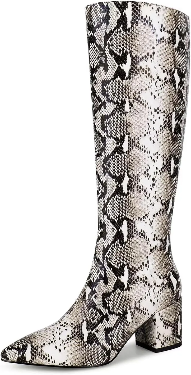 wetkiss Rhinestone/PU Low Chunky Pointed Toe Knee High Boots for Women with Full Bling Sparkly Crystals Booties for Wedding Party Date Dress