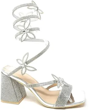 Wild Diva Women Butterfly Rhinestone Spiral Ankle Strap Square Toe Low Block Heels
