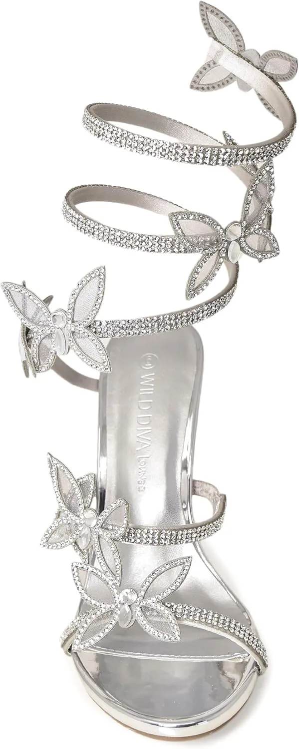 Wild Diva Women Rhinestone Butterfly Spiral Wrap Around High Heel Sandals