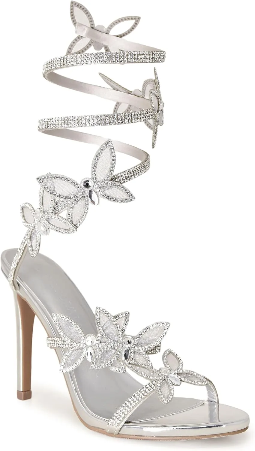 Wild Diva Women Rhinestone Butterfly Spiral Wrap Around High Heel Sandals
