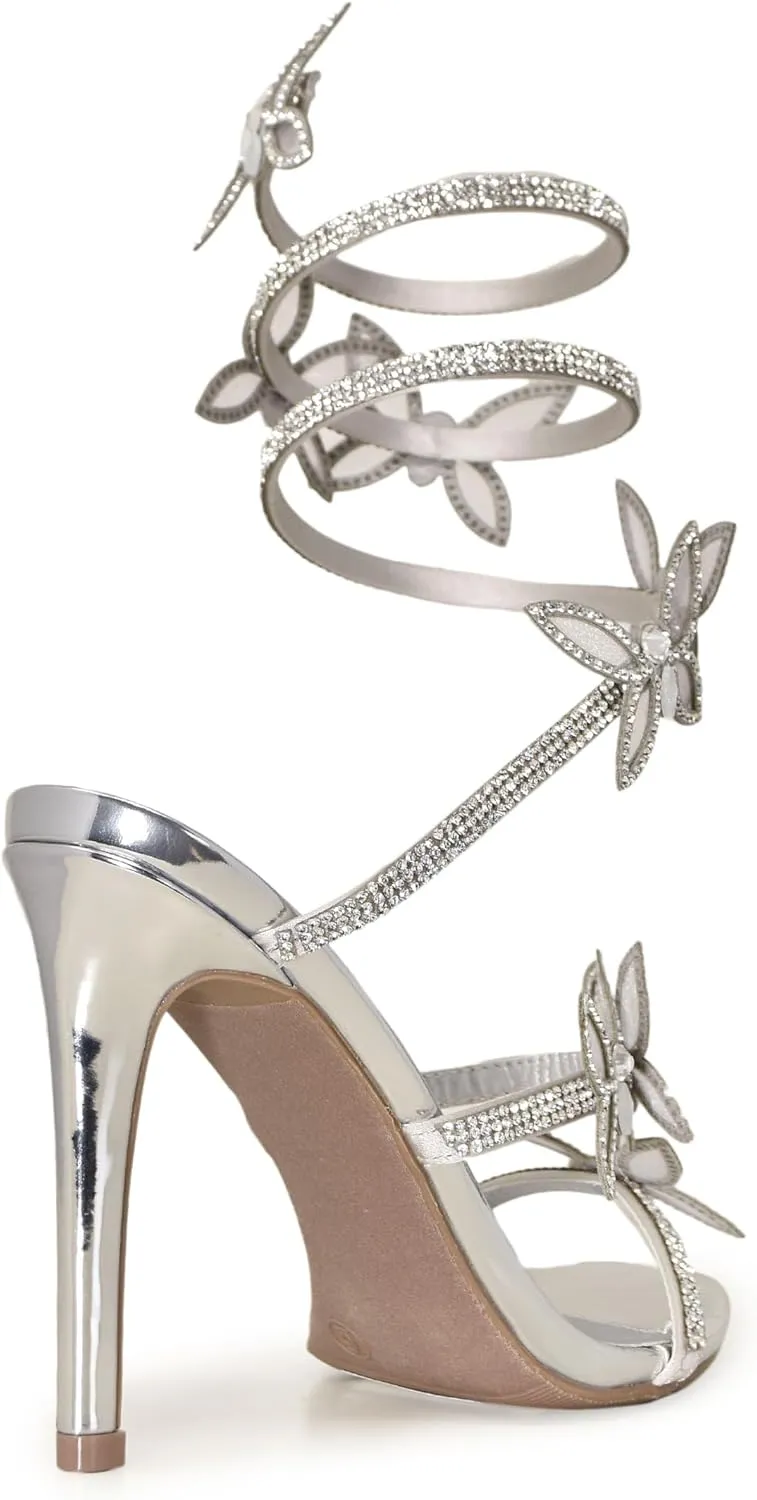 Wild Diva Women Rhinestone Butterfly Spiral Wrap Around High Heel Sandals