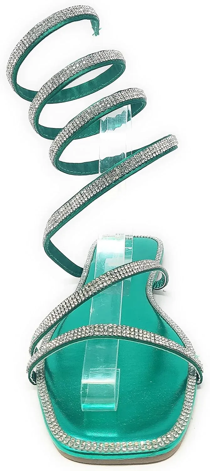 Wild Diva Women's Flat Coil Spiral Strappy Leg Wrap Rhinestone Embellished Square Toe Flat Sandals Dizzy-05
