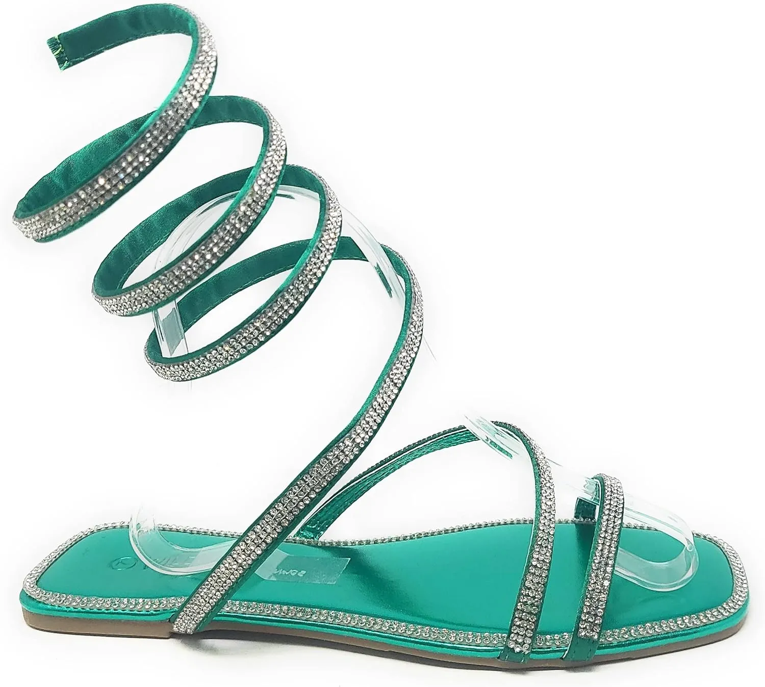 Wild Diva Women's Flat Coil Spiral Strappy Leg Wrap Rhinestone Embellished Square Toe Flat Sandals Dizzy-05