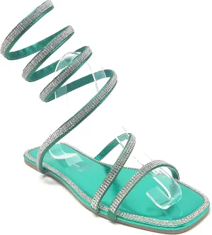 Wild Diva Women's Flat Coil Spiral Strappy Leg Wrap Rhinestone Embellished Square Toe Flat Sandals Dizzy-05