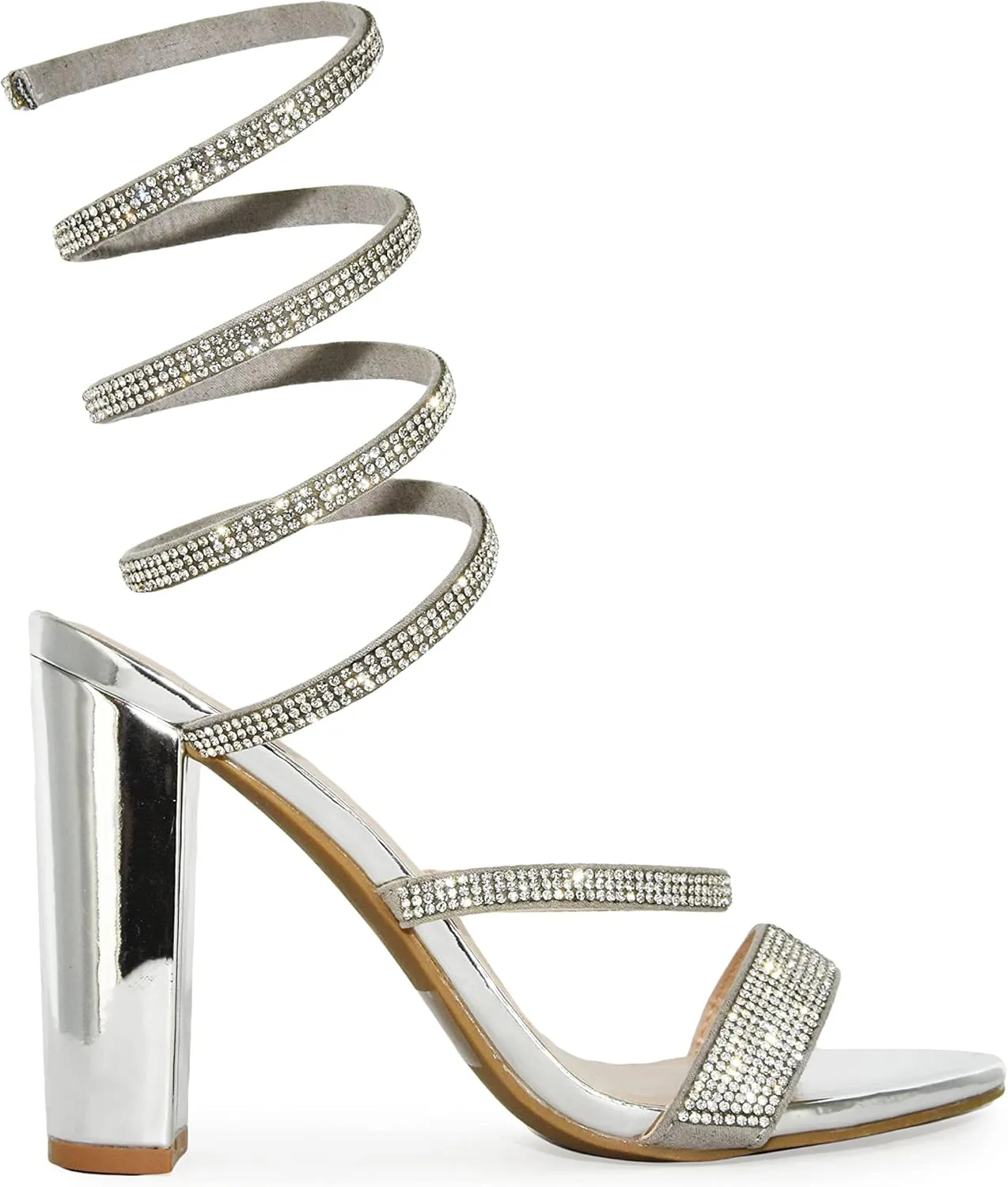Wild Diva Women's Formal Rhinestone Coil Spiral Ankle Wrap Strap High Chunky Block Heels Morris-567