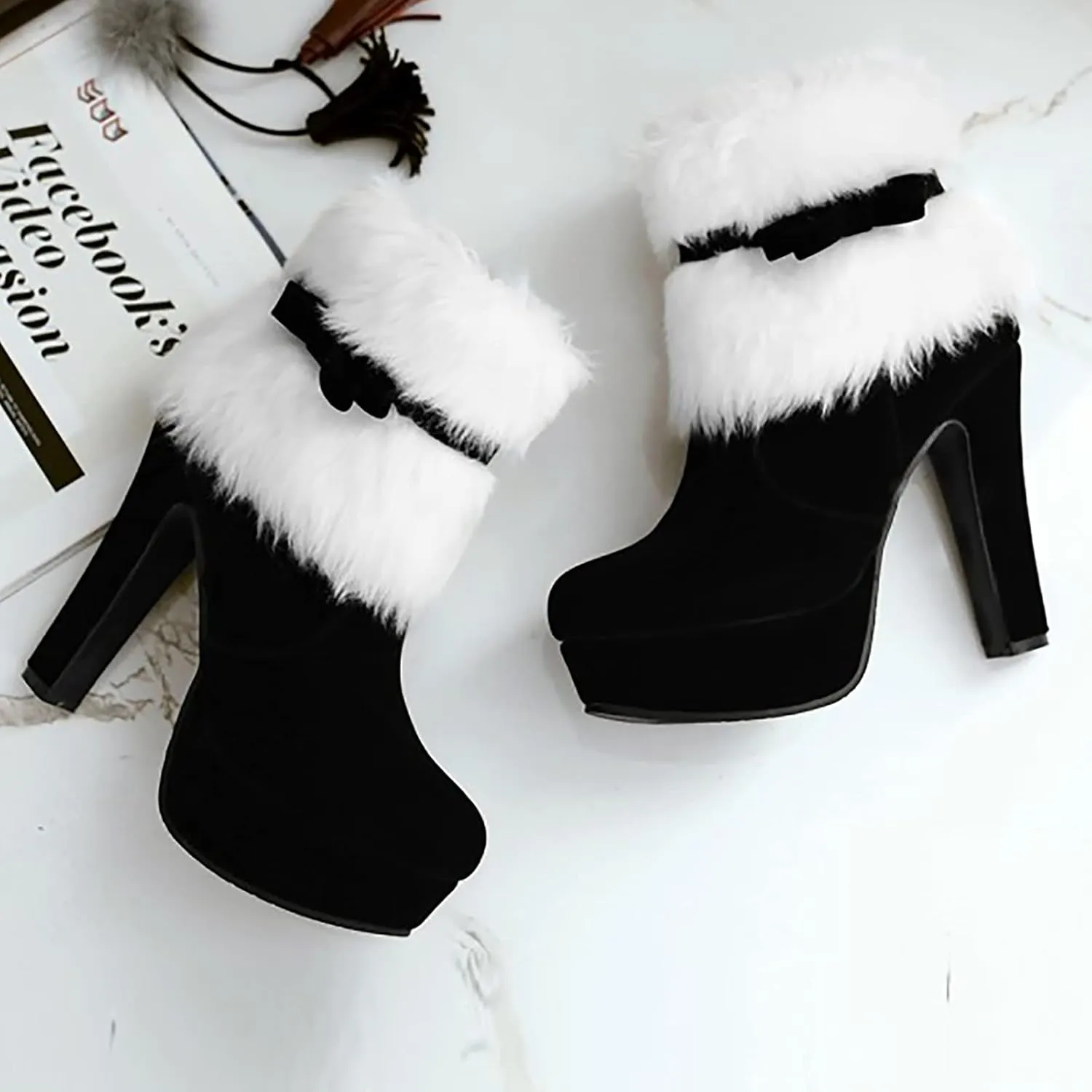 Winter Boots for Women Stitched Thick Heel High Heels Mid Calf Boots Shoes Women's Ankle Boots & Booties