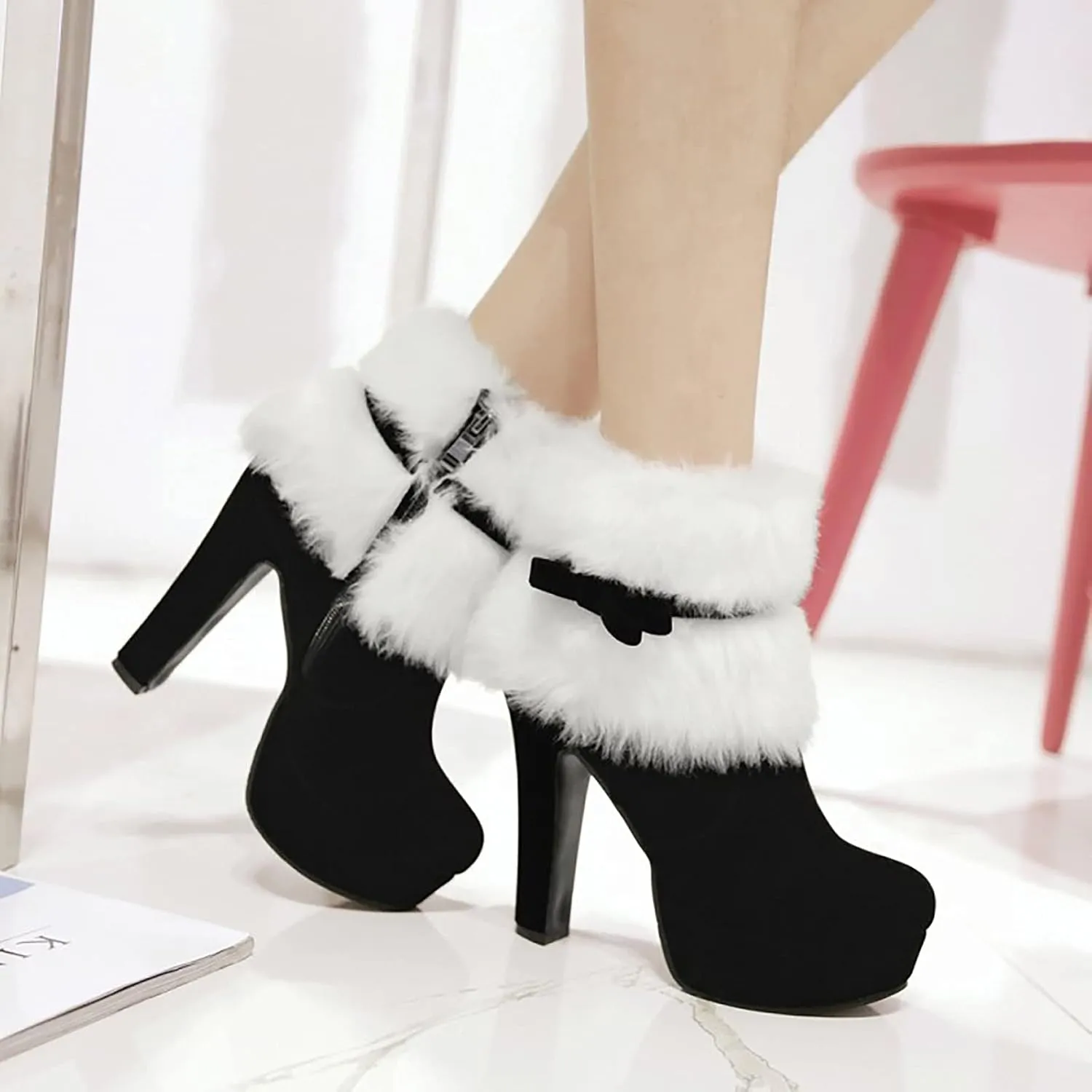 Winter Boots for Women Stitched Thick Heel High Heels Mid Calf Boots Shoes Women's Ankle Boots & Booties