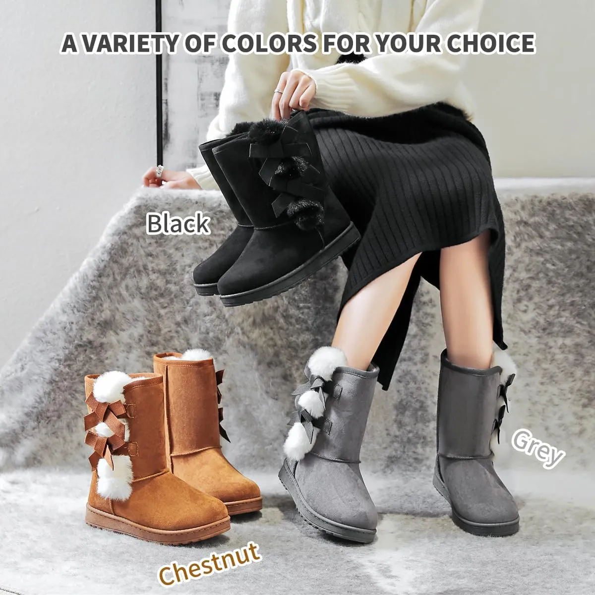 Witwatia Winter Snow Boots for Women Mid Calf Warm Fur Lined Boots Ladies Slip on Fashion Bootie
