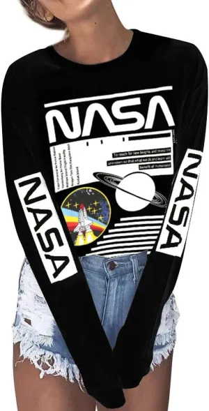 WLLW Women Long Sleeve Graphic Shirts NASA Letter Print Crew Neck Tee Tops Blouse Sweatshirts