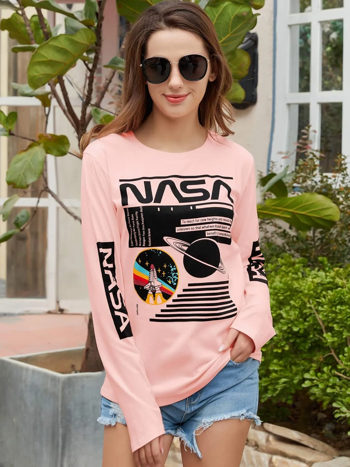 WLLW Women Long Sleeve Graphic Shirts NASA Letter Print Crew Neck Tee Tops Blouse Sweatshirts