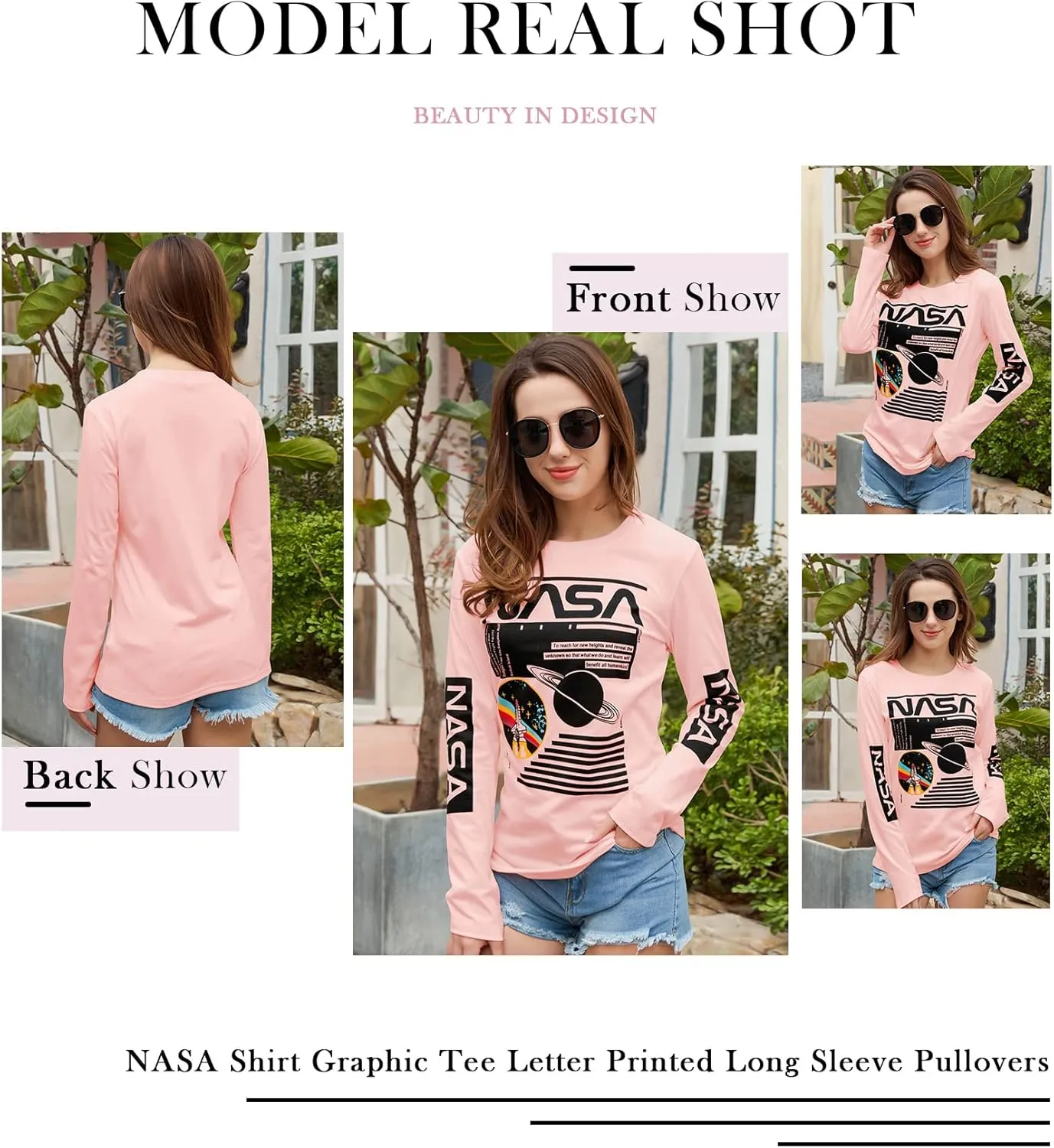 WLLW Women Long Sleeve Graphic Shirts NASA Letter Print Crew Neck Tee Tops Blouse Sweatshirts