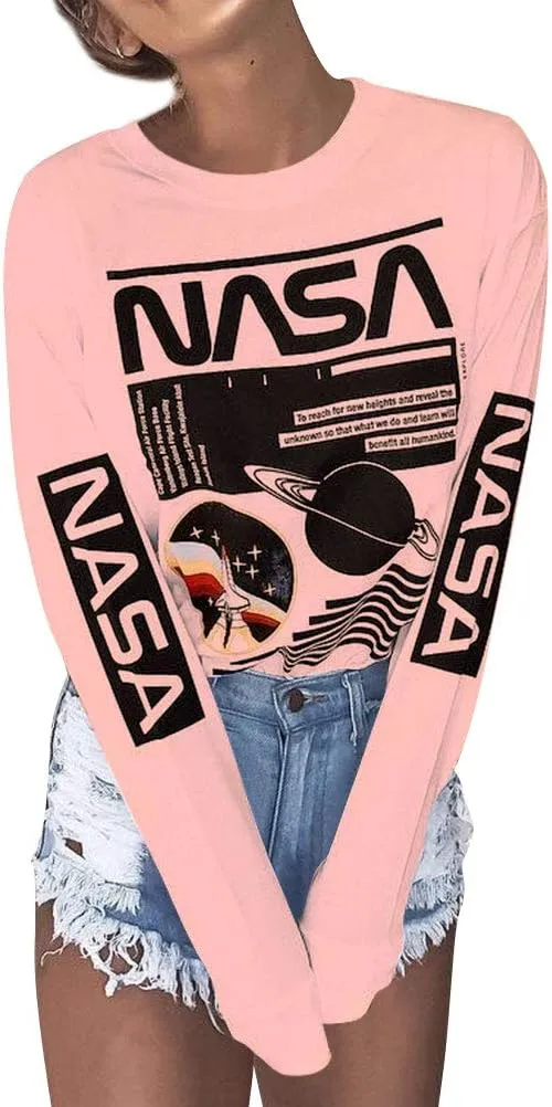 WLLW Women Long Sleeve Graphic Shirts NASA Letter Print Crew Neck Tee Tops Blouse Sweatshirts