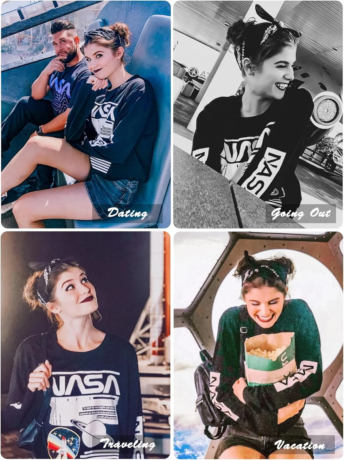 WLLW Women Long Sleeve Graphic Shirts NASA Letter Print Crew Neck Tee Tops Blouse Sweatshirts