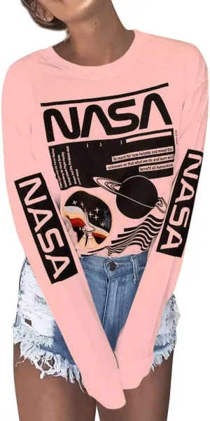 WLLW Women Long Sleeve Graphic Shirts NASA Letter Print Crew Neck Tee Tops Blouse Sweatshirts