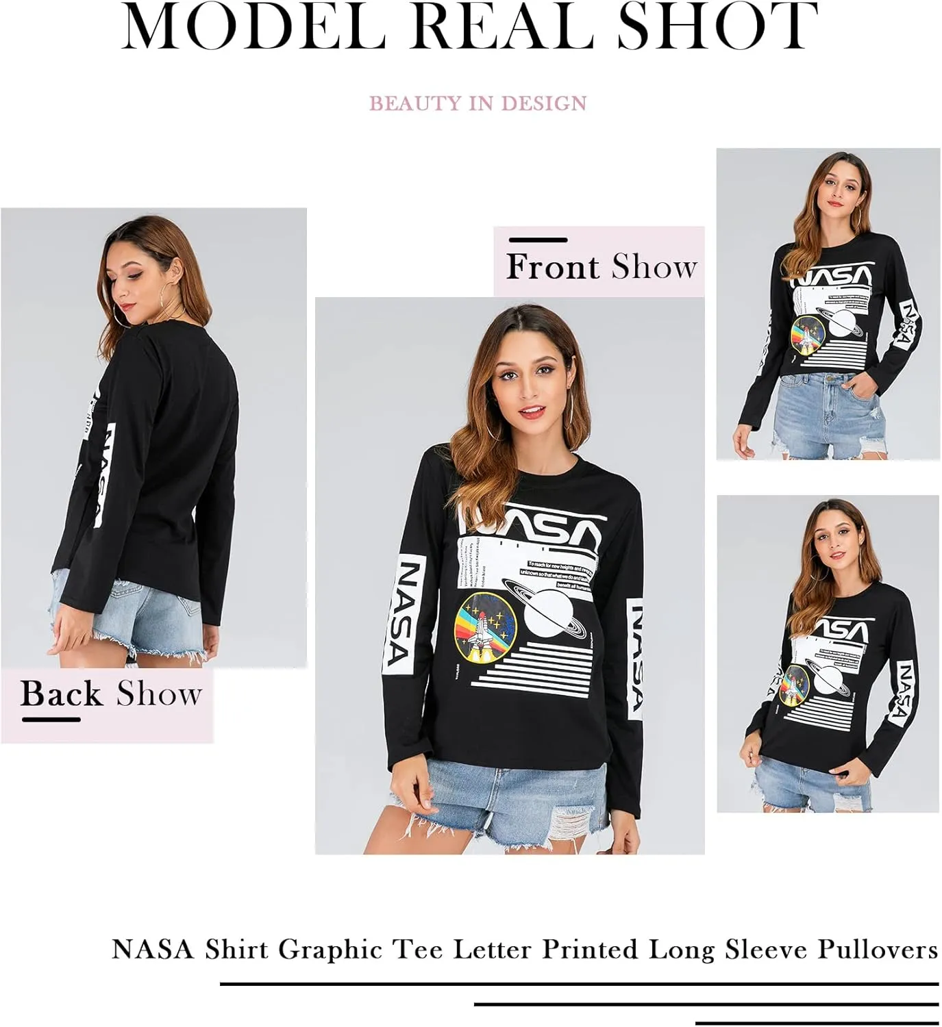 WLLW Women Long Sleeve Graphic Shirts NASA Letter Print Crew Neck Tee Tops Blouse Sweatshirts