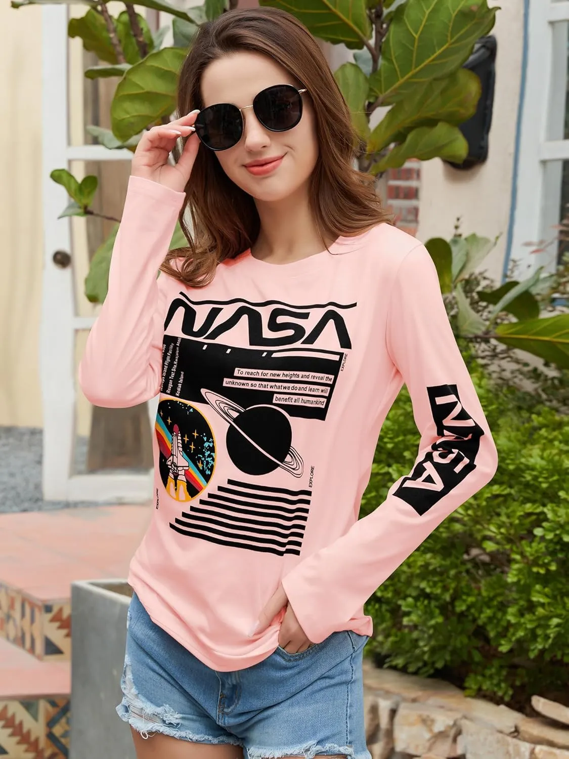 WLLW Women Long Sleeve Graphic Shirts NASA Letter Print Crew Neck Tee Tops Blouse Sweatshirts
