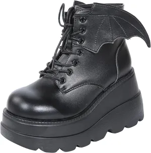 wodceeke Women's Platform Ankle Boots Round Toe Lace Up Combat Boots Goth Punk Fashion Wing Motorcycle Leather Boots
