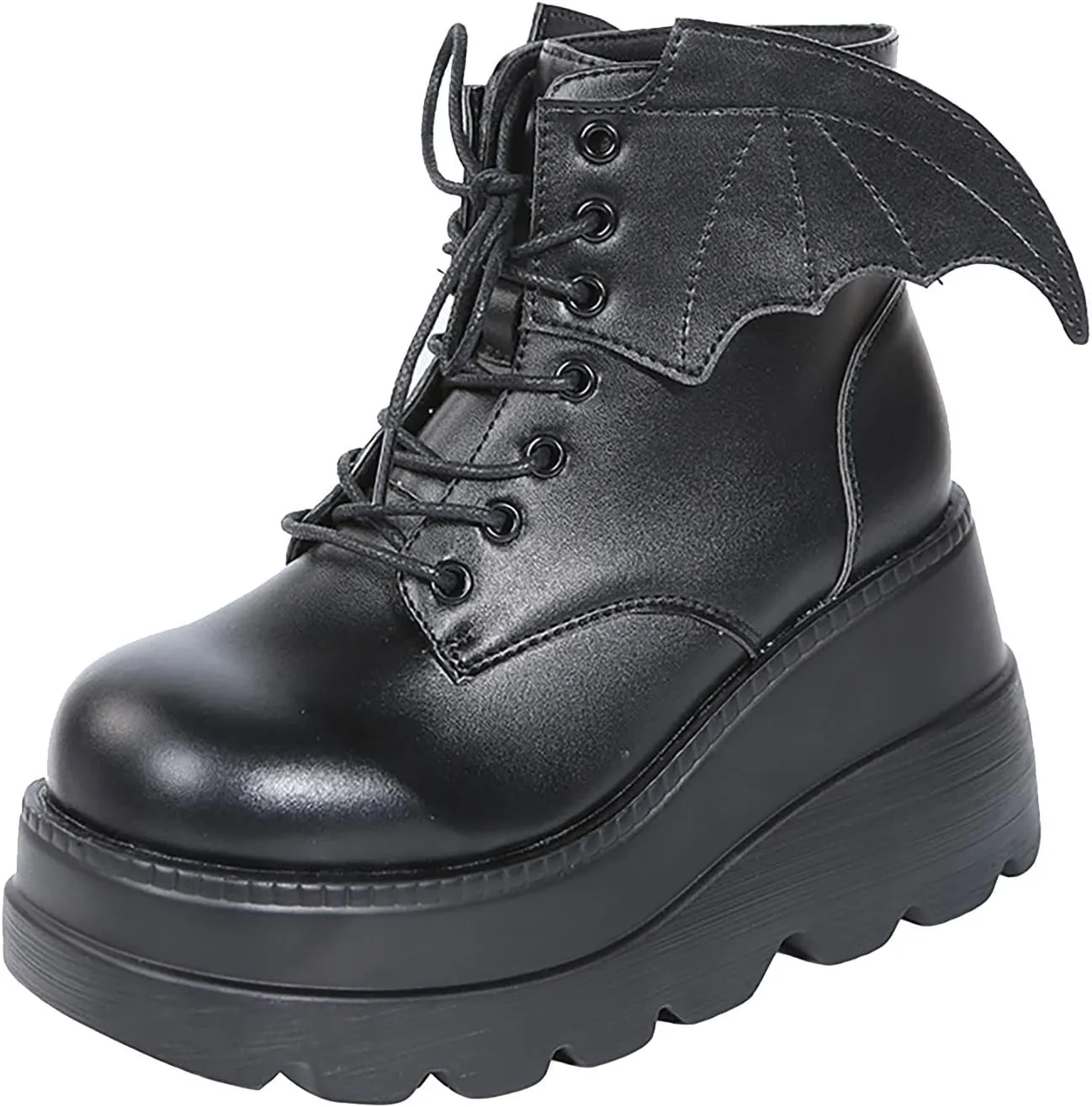 wodceeke Women's Platform Ankle Boots Round Toe Lace Up Combat Boots Goth Punk Fashion Wing Motorcycle Leather Boots