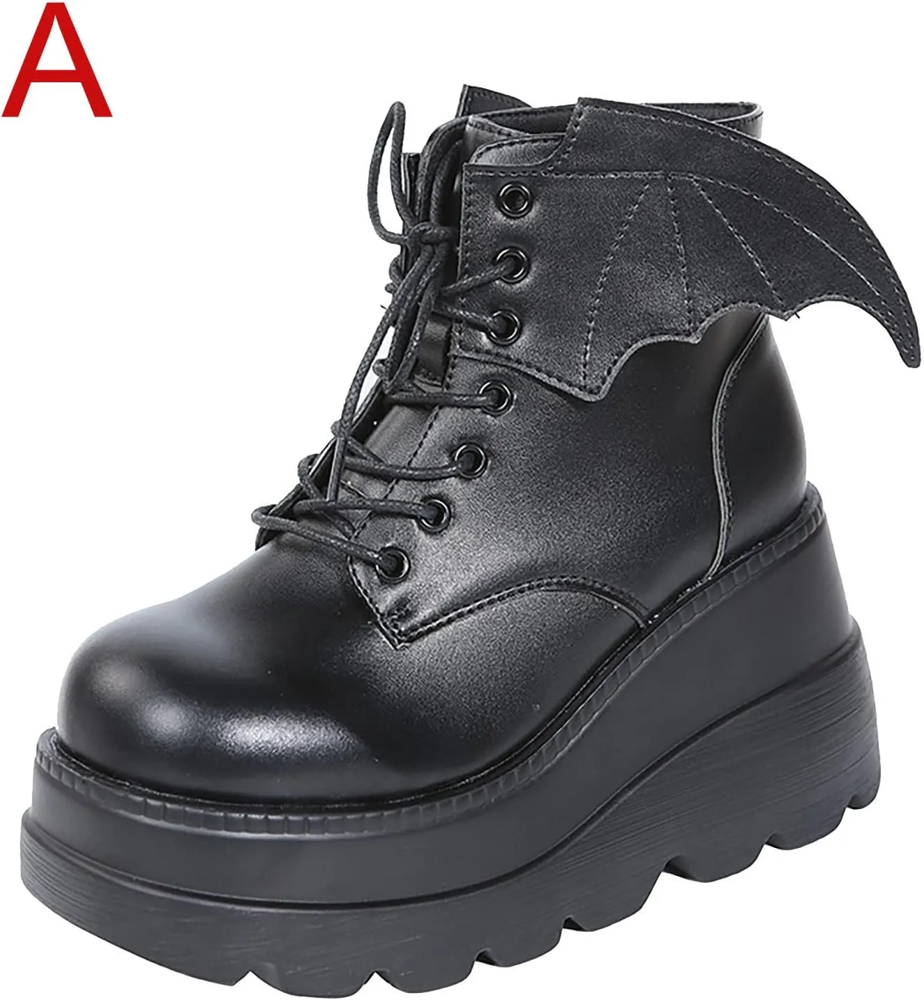 wodceeke Women's Platform Ankle Boots Round Toe Lace Up Combat Boots Goth Punk Fashion Wing Motorcycle Leather Boots