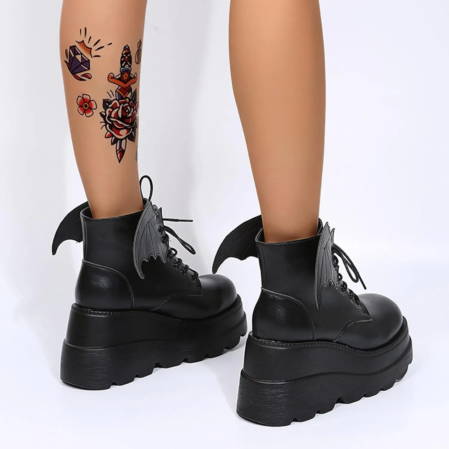 wodceeke Women's Platform Ankle Boots Round Toe Lace Up Combat Boots Goth Punk Fashion Wing Motorcycle Leather Boots
