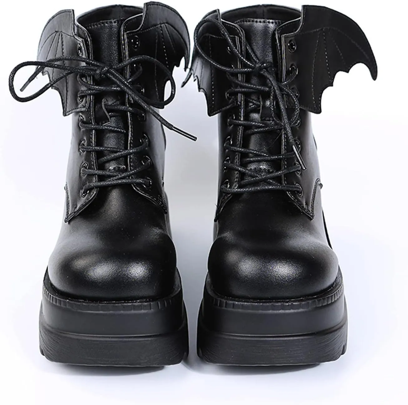 wodceeke Women's Platform Ankle Boots Round Toe Lace Up Combat Boots Goth Punk Fashion Wing Motorcycle Leather Boots