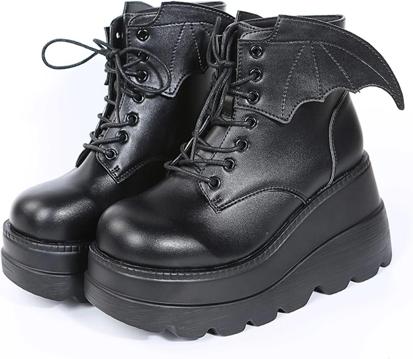 wodceeke Women's Platform Ankle Boots Round Toe Lace Up Combat Boots Goth Punk Fashion Wing Motorcycle Leather Boots