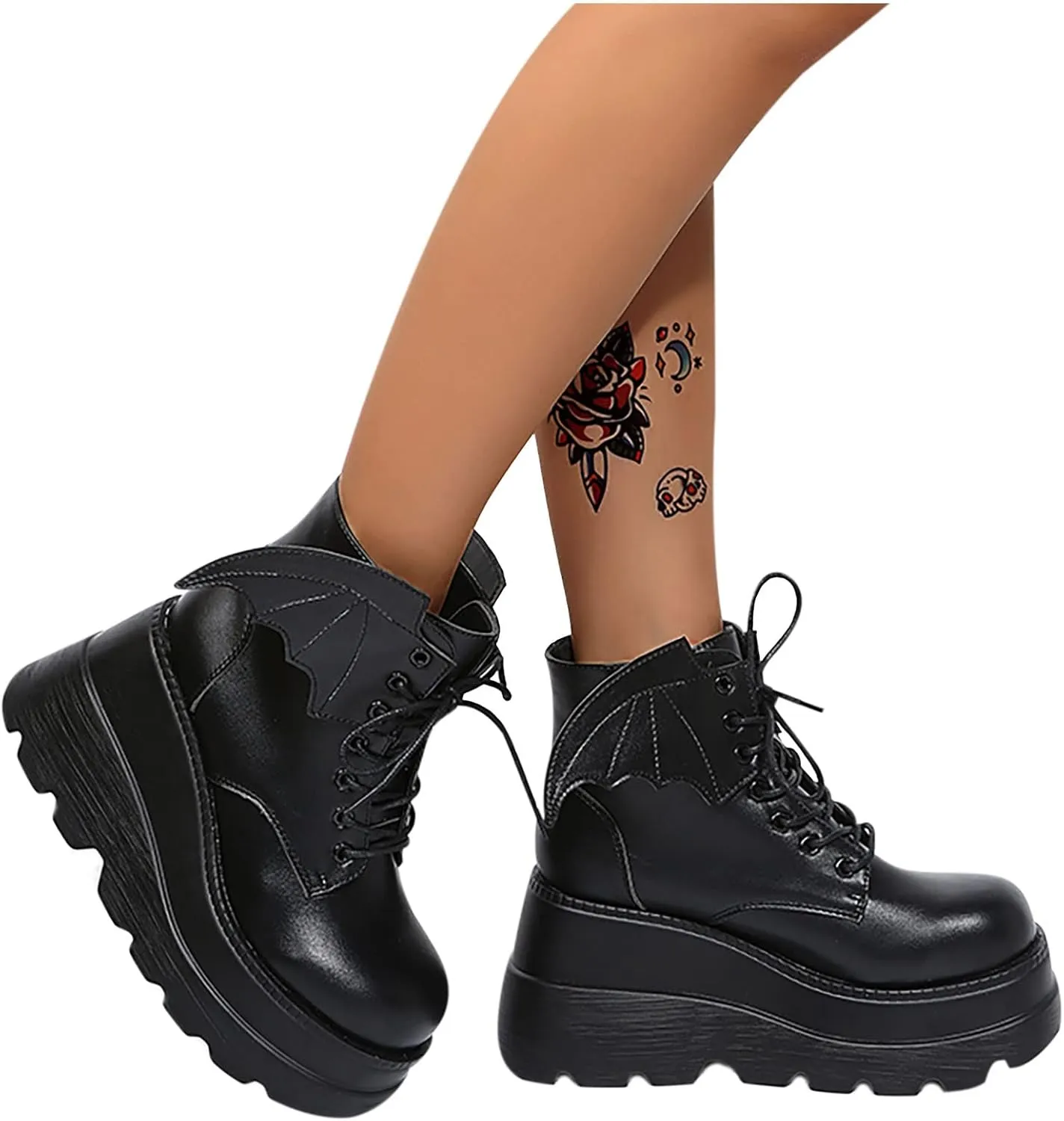 wodceeke Women's Platform Ankle Boots Round Toe Lace Up Combat Boots Goth Punk Fashion Wing Motorcycle Leather Boots