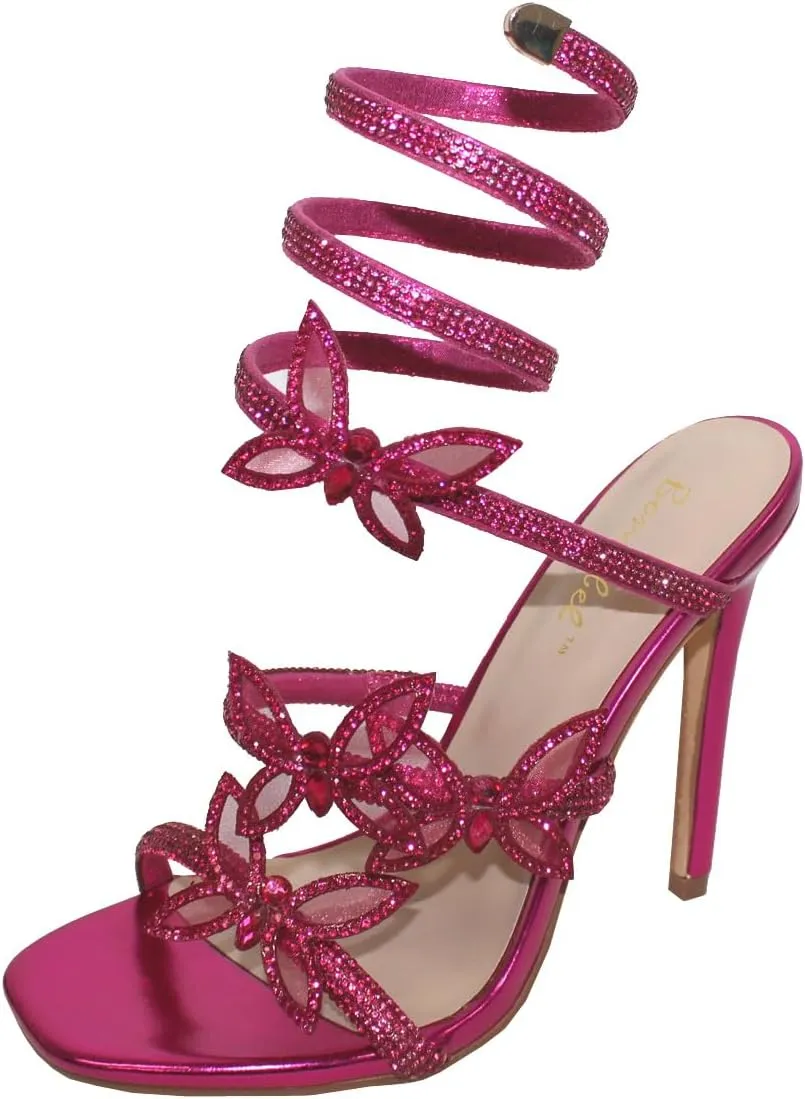 Women Butterfly Rhinestone Strappy High Heels Sandals