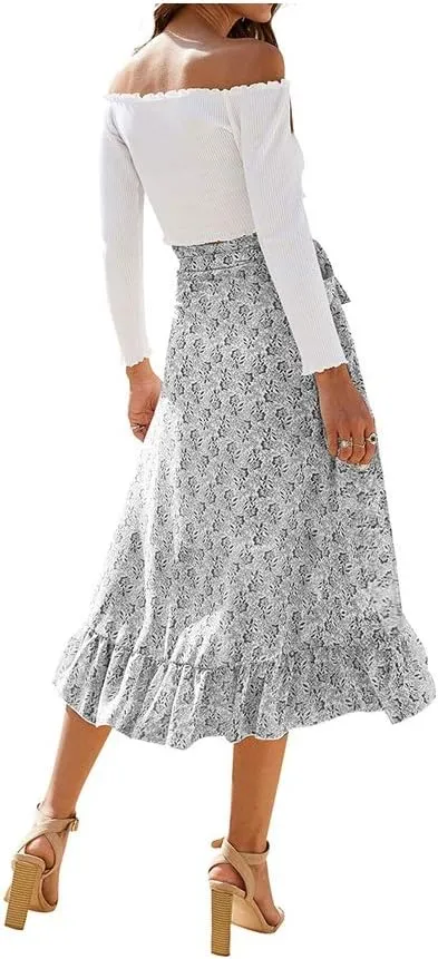 Women Chiffon Floral Midi Skirt High Waist Side Wrap Bohemian Asymmetric Long Skirt Summer Beach Wrap Cover Up Skirt