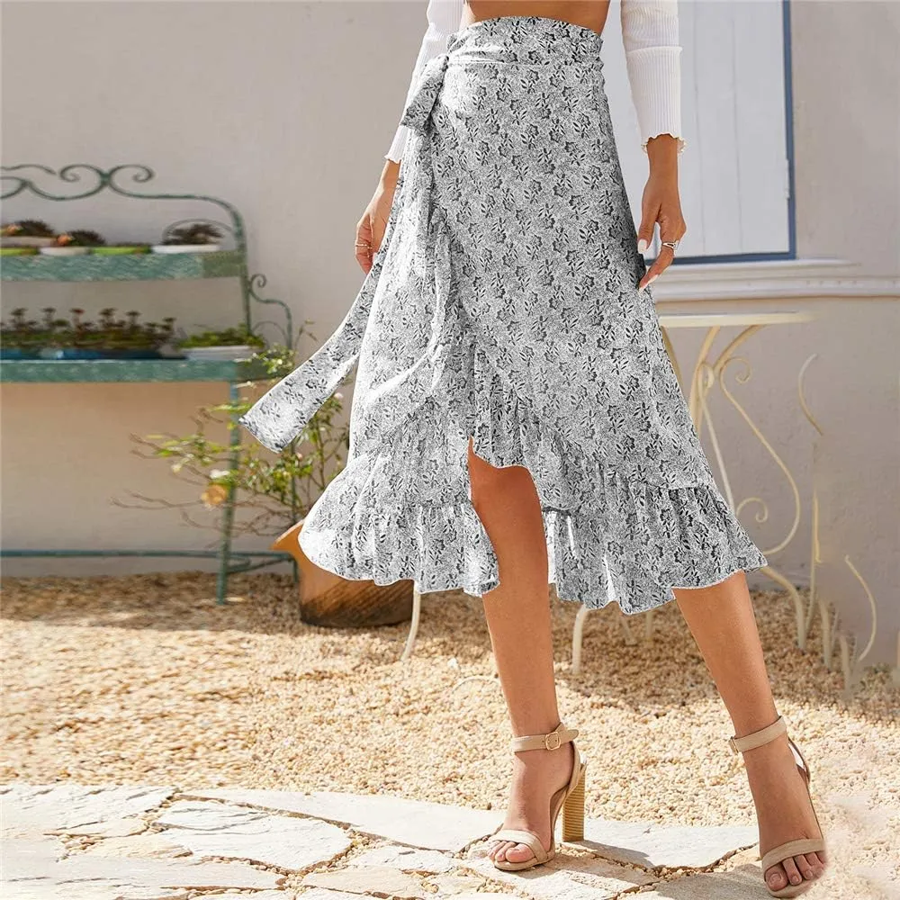 Women Chiffon Floral Midi Skirt High Waist Side Wrap Bohemian Asymmetric Long Skirt Summer Beach Wrap Cover Up Skirt