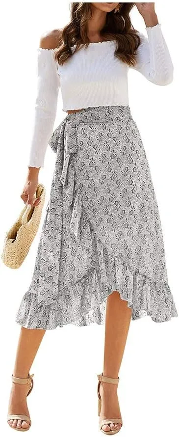 Women Chiffon Floral Midi Skirt High Waist Side Wrap Bohemian Asymmetric Long Skirt Summer Beach Wrap Cover Up Skirt
