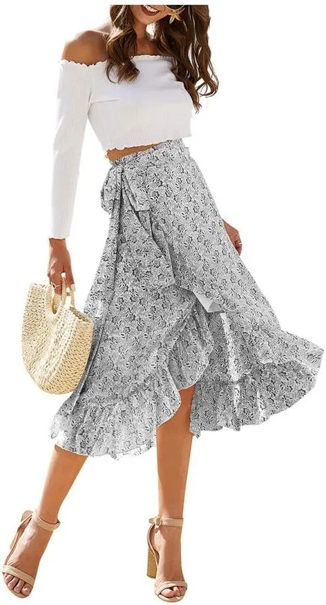 Women Chiffon Floral Midi Skirt High Waist Side Wrap Bohemian Asymmetric Long Skirt Summer Beach Wrap Cover Up Skirt