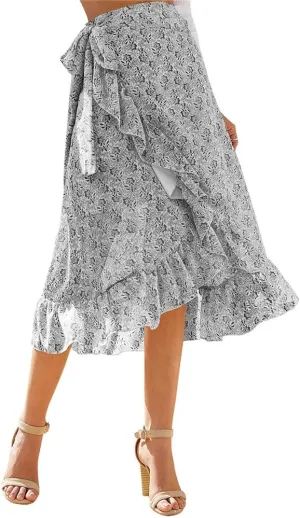 Women Chiffon Floral Midi Skirt High Waist Side Wrap Bohemian Asymmetric Long Skirt Summer Beach Wrap Cover Up Skirt