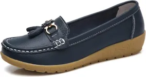 Women Loafers Soft Cow Leather Slip On Moccasin Boat Shoes Hand Sewn Soft Bottom Non-Slip Wedge Mother Fashion Dress Shoe