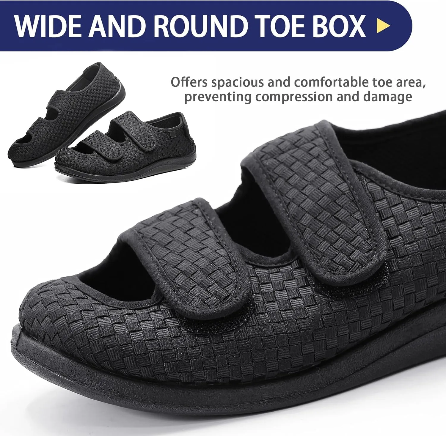 Women Men Open Toe Diabetic Sandals Wide Width, Adjustable Arthritis Edema Slippers for Elderly, Diabetic House Shoes for Swollen Feet, Black L05