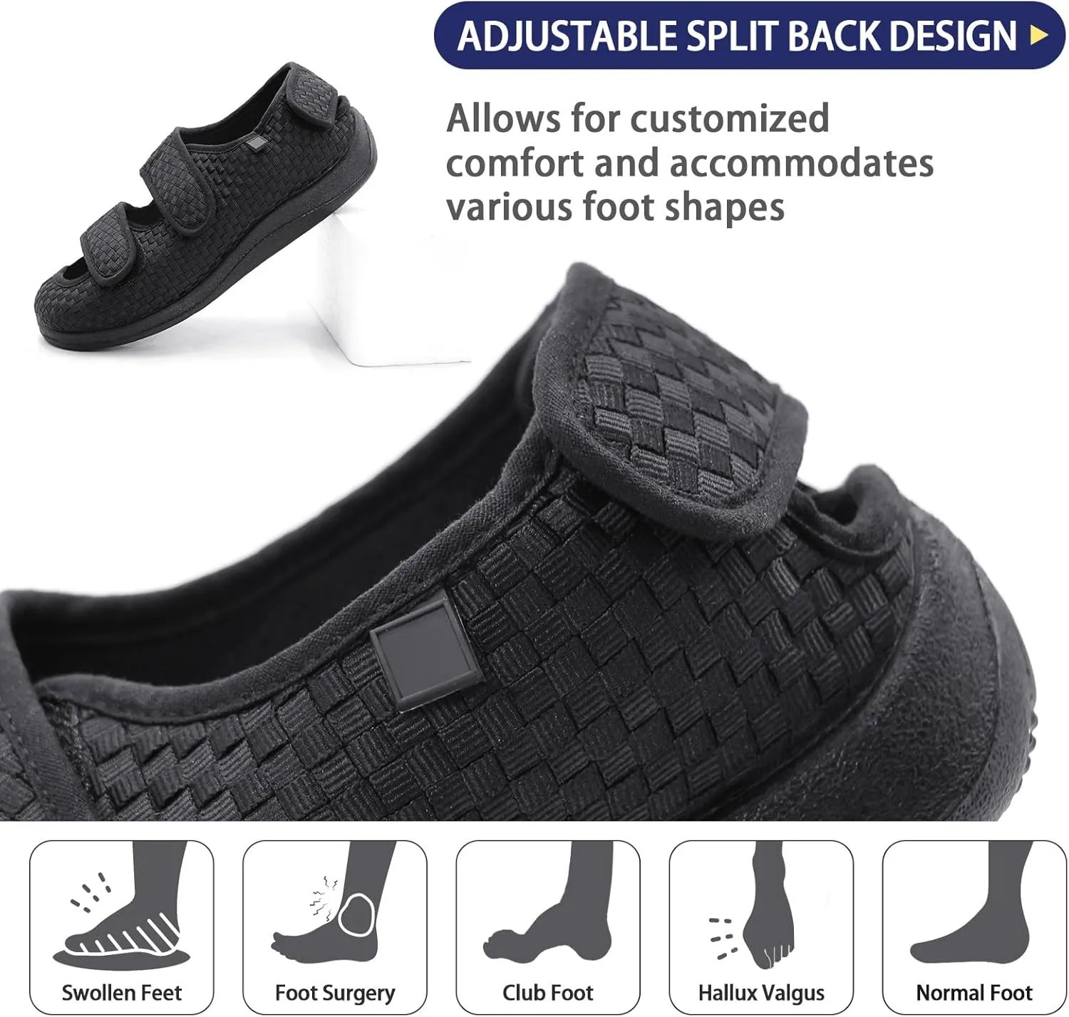 Women Men Open Toe Diabetic Sandals Wide Width, Adjustable Arthritis Edema Slippers for Elderly, Diabetic House Shoes for Swollen Feet, Black L05